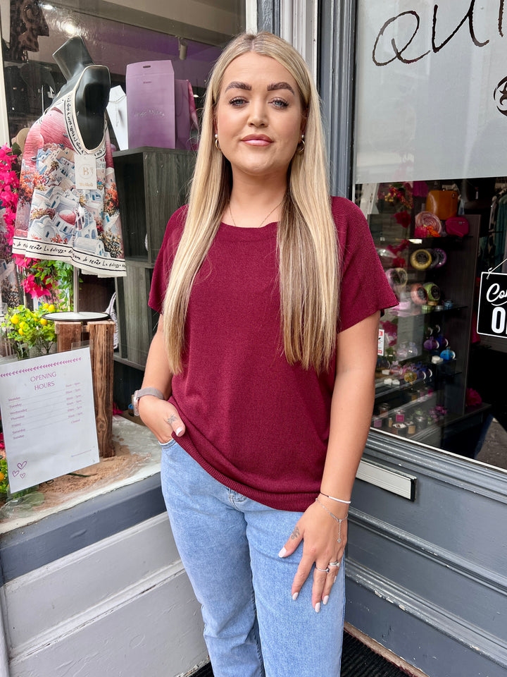Jenna Fine Knit Short Sleeve Top WINE