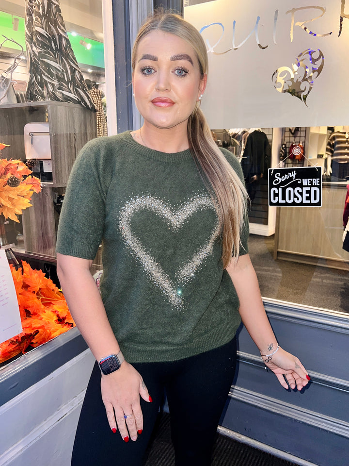 Thea Diamante Embossed Heart Knit KHAKI