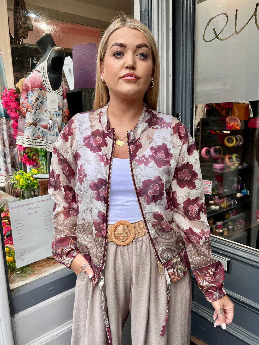 Floral Paisley Print Bomber Jacket WINE