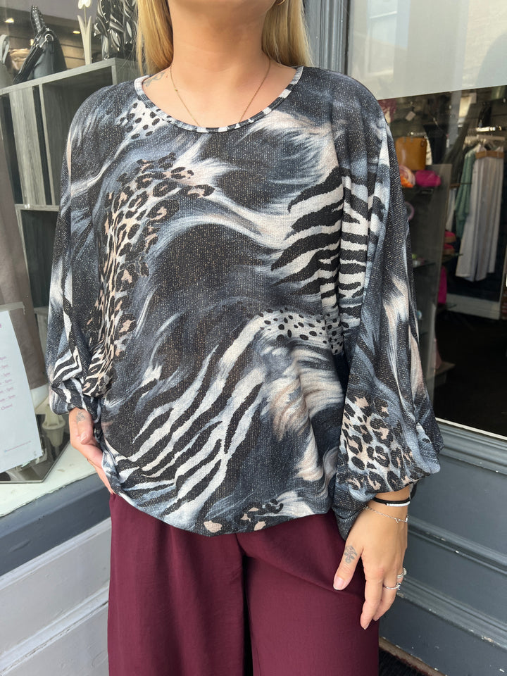 Lillian Mixed Animal Print Shimmer Top CHARCOAL