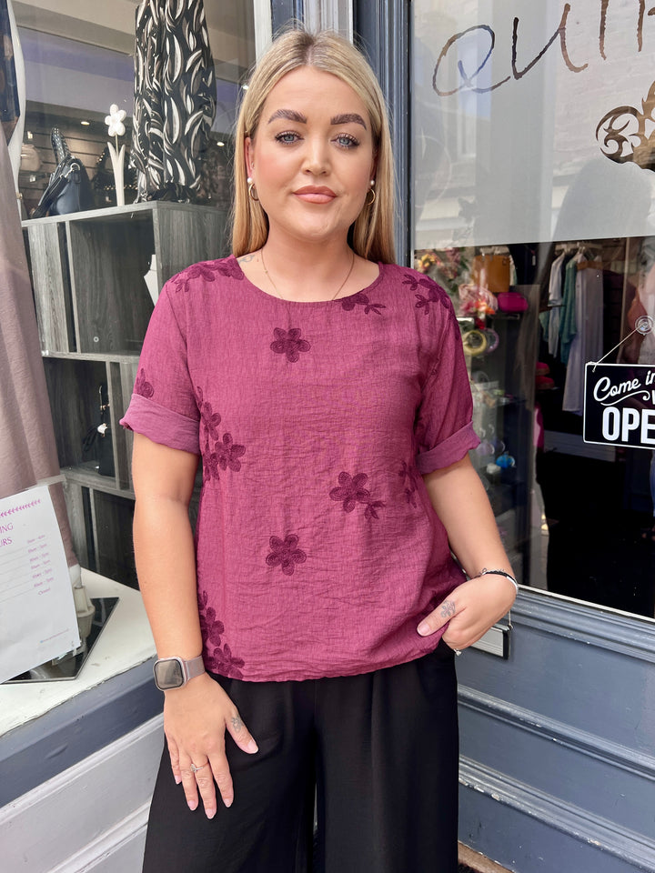 Tiffany Floral Embroidered Top WINE
