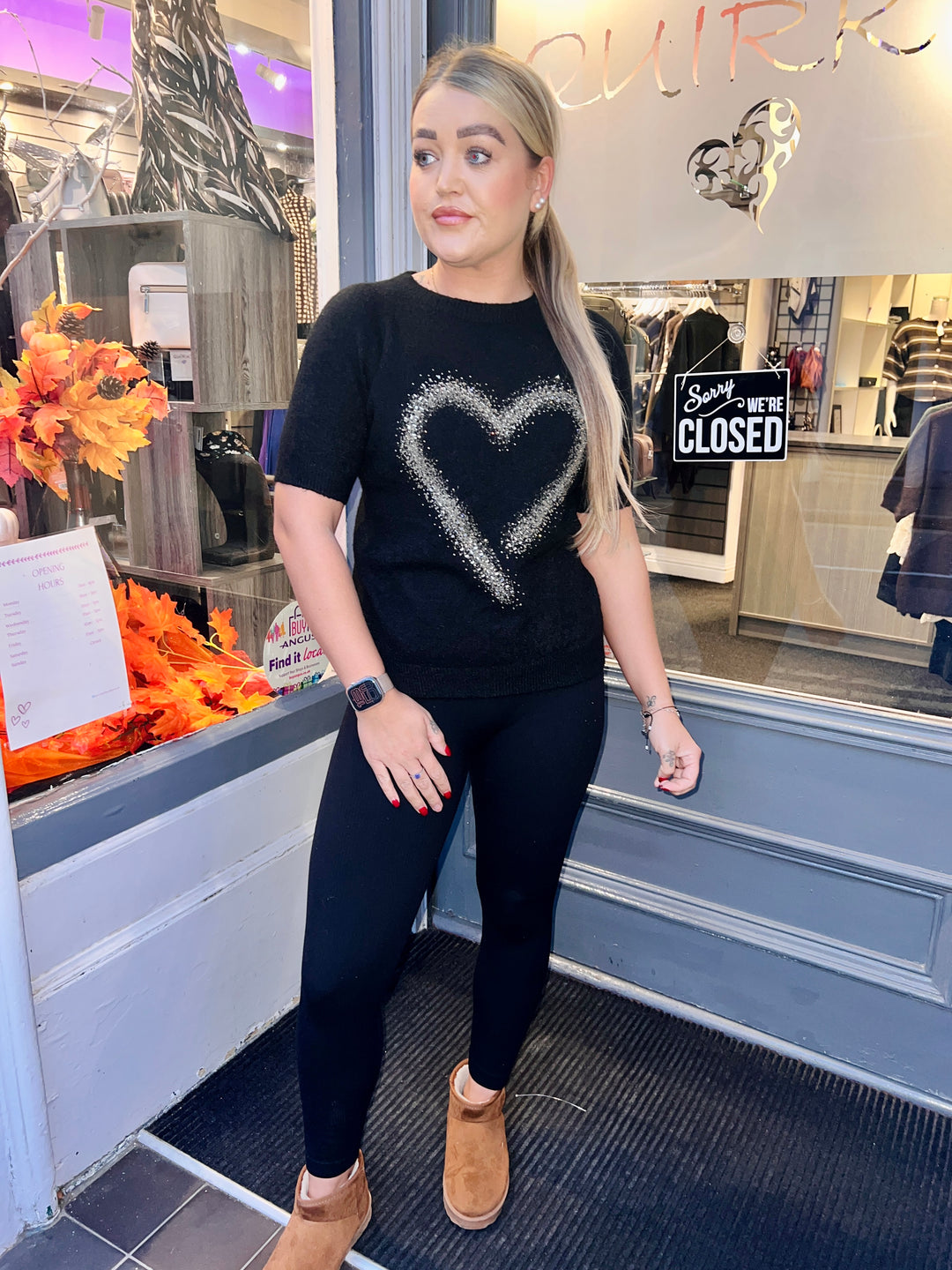 Thea Diamante Embossed Heart Knit BLACK
