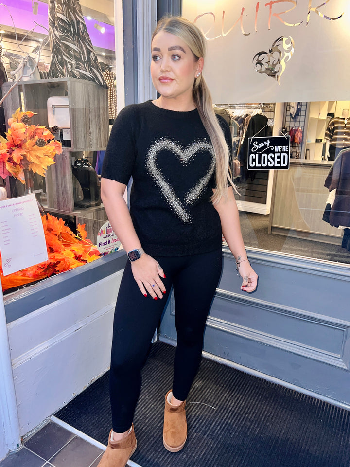 Thea Diamante Embossed Heart Knit BLACK