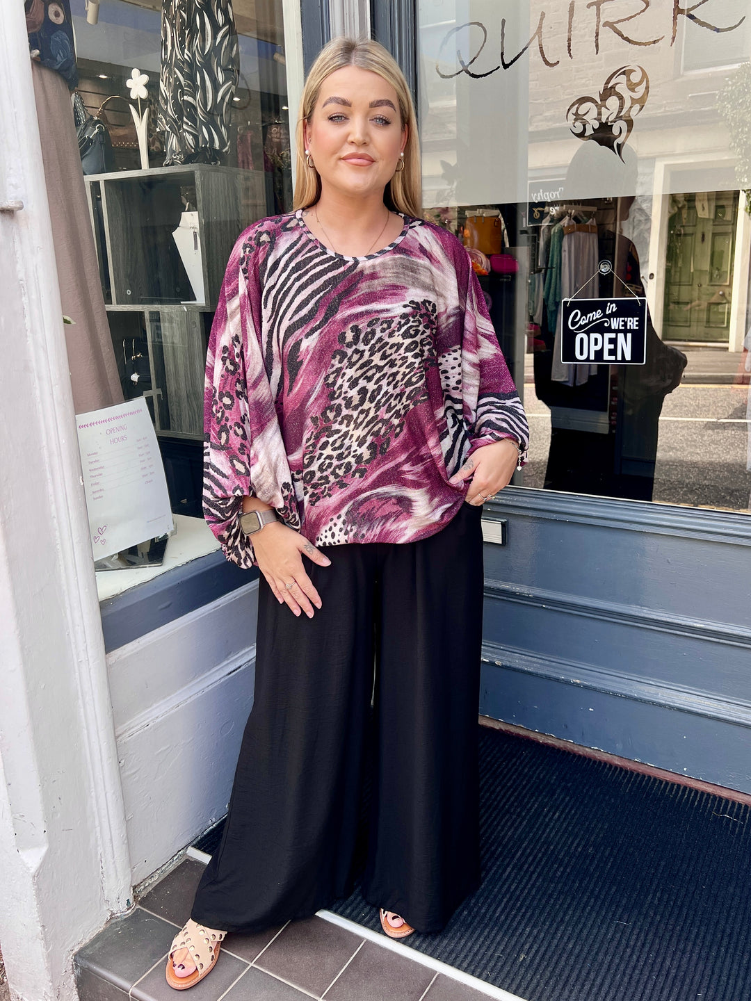 Lillian Mixed Animal Print Shimmer Top BURGUNDY