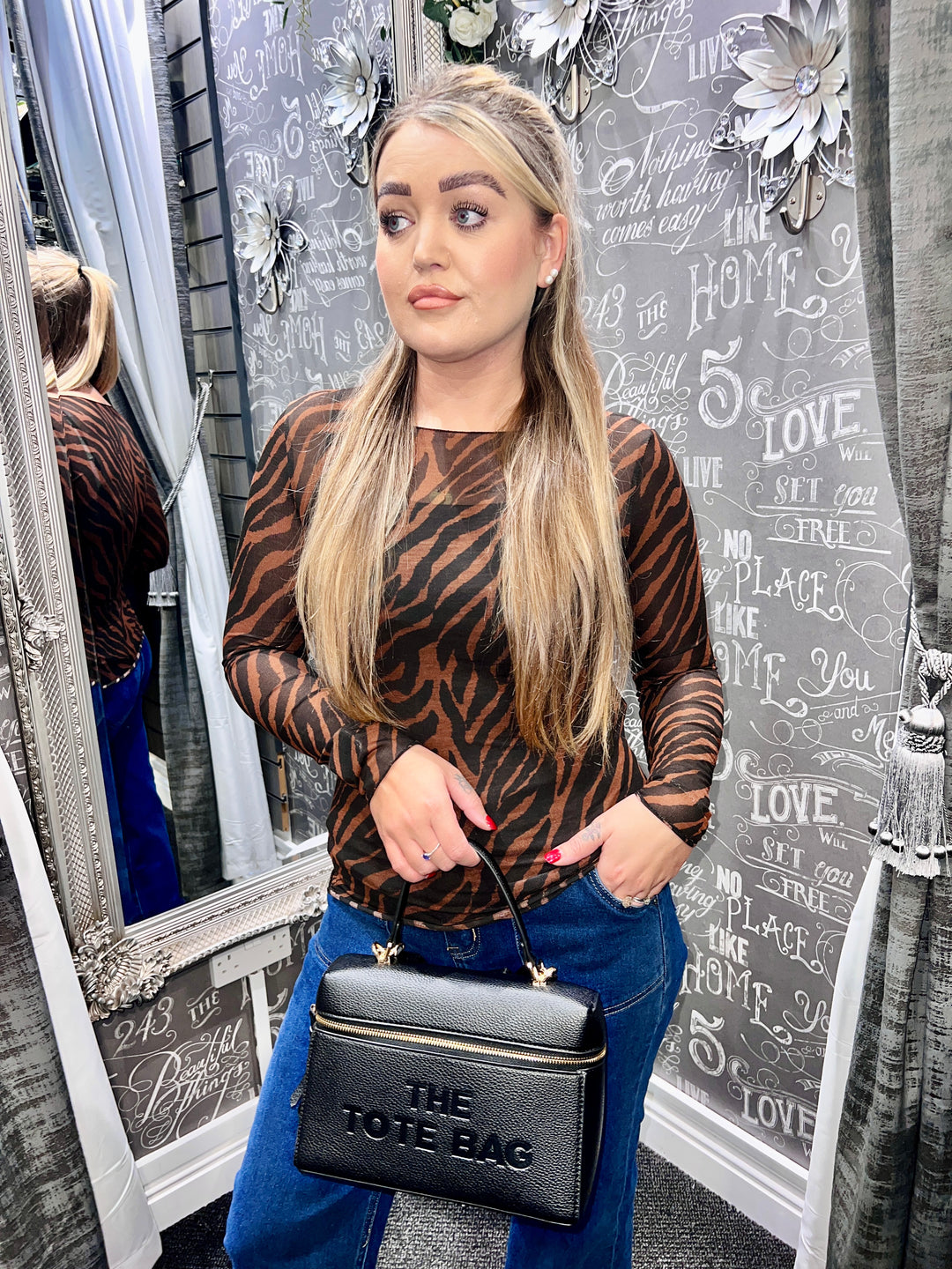Zebra Print Mesh Top 5% Cashmere BROWN
