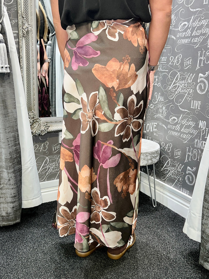 Amelia Floral Satin Skirt CHOCOLATE