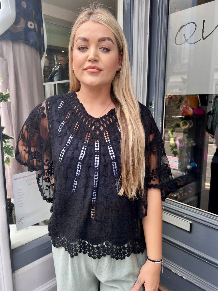 Suzi Embroidered Lace Sleeve Top BLACK