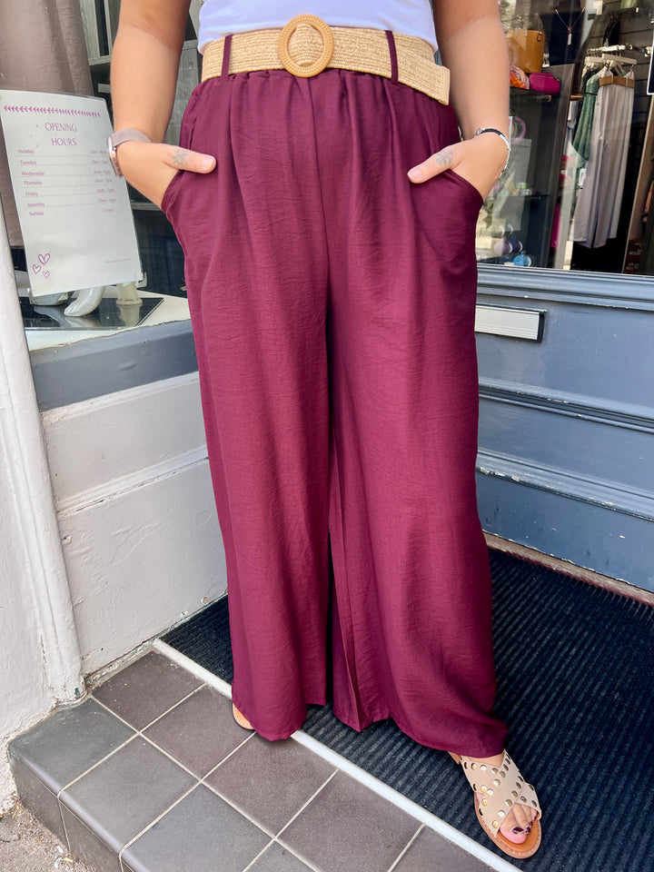 Isla Wide Leg Trousers With Belt BURGUNDY