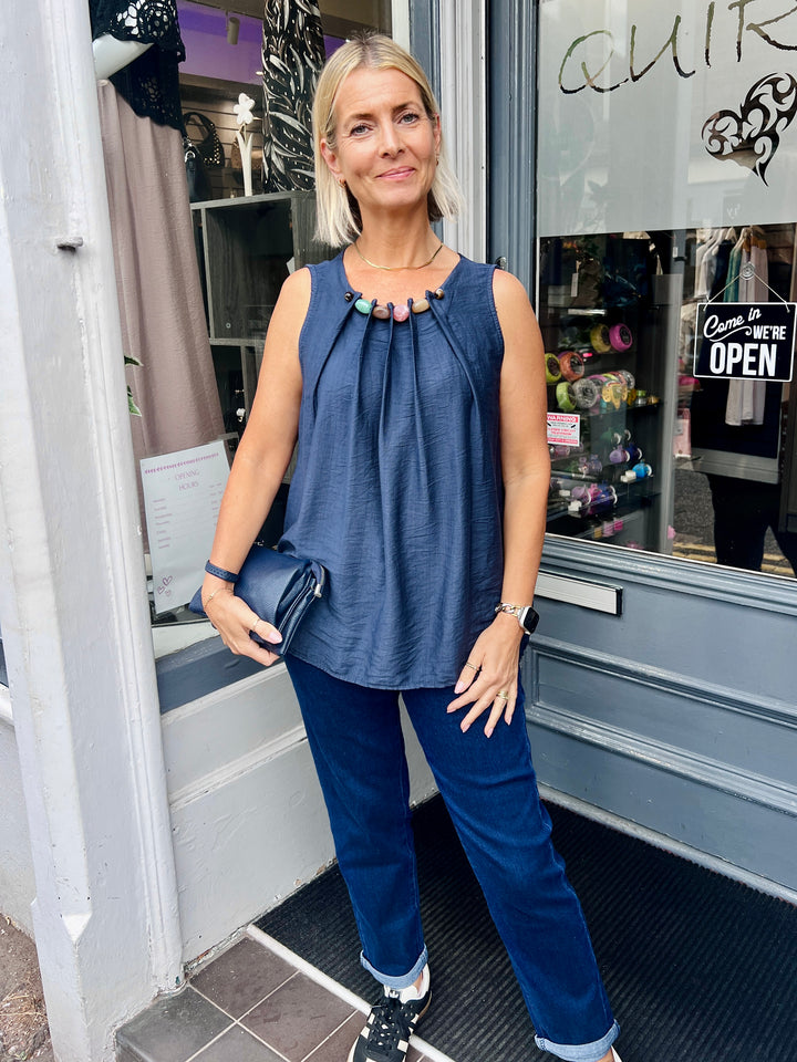 Lilly Beaded Neck Top NAVY