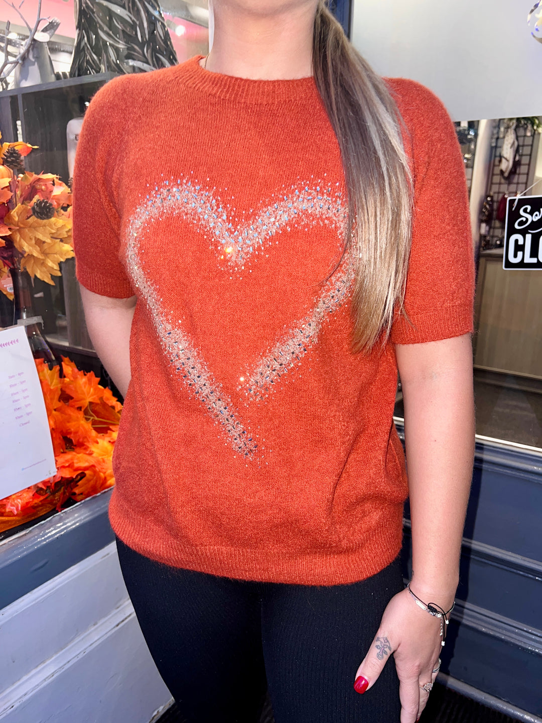 Thea Diamante Embossed Heart Knit RUST
