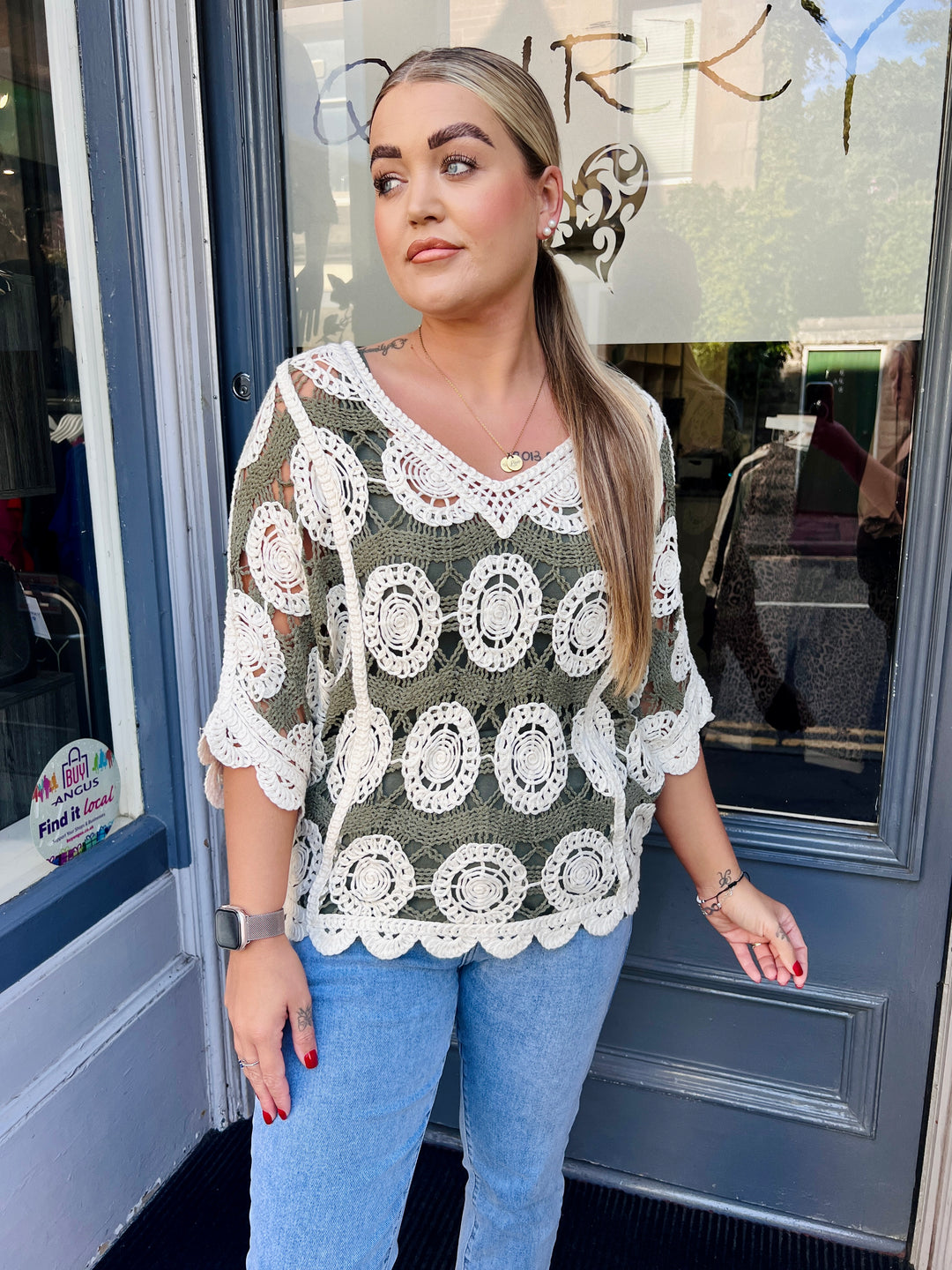 Alice V-Neck Crochet Top KHAKI