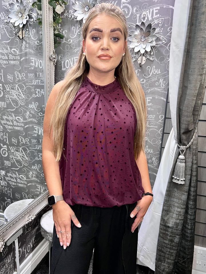 Textured Dot Sleeveless Bubblehem Blouse PLUM