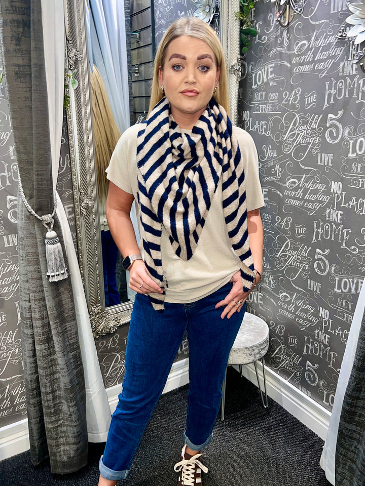 Striped Triangle Scarf NAVY/TAUPE