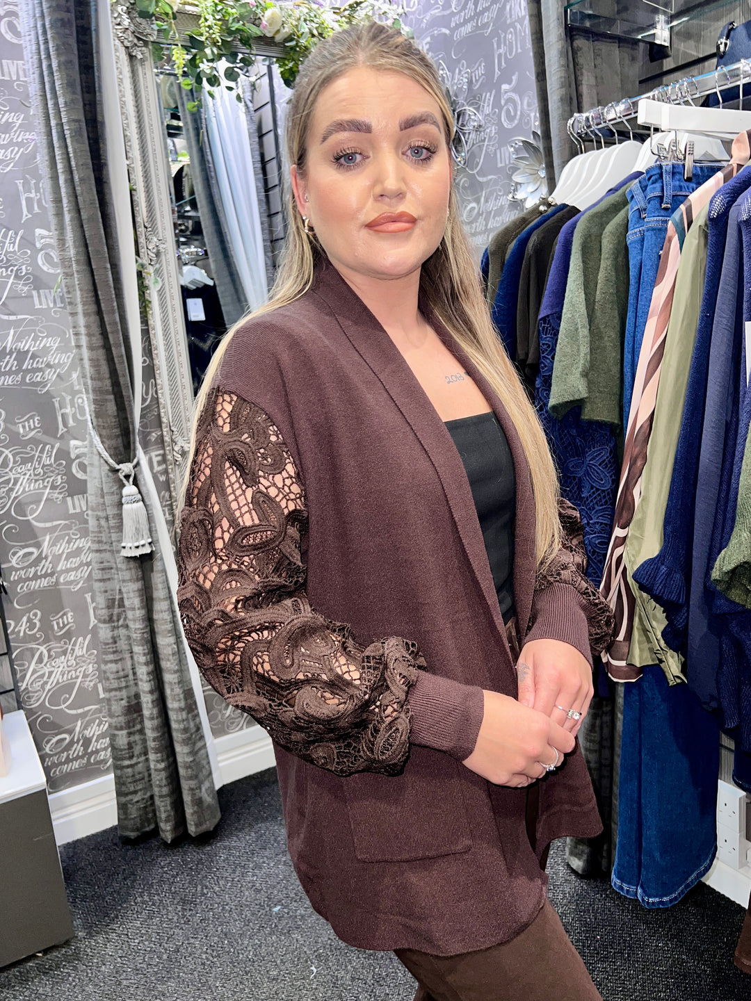 Rhianna Guipure Lace Sleeve Cardigan BROWN
