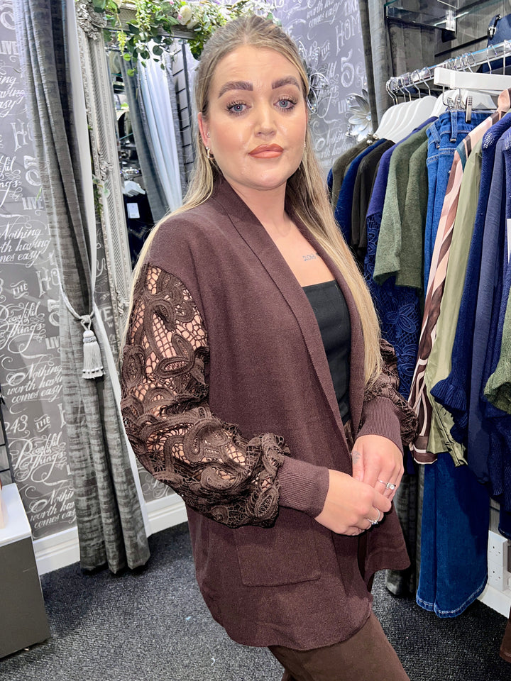 Rhianna Guipure Lace Sleeve Cardigan BROWN