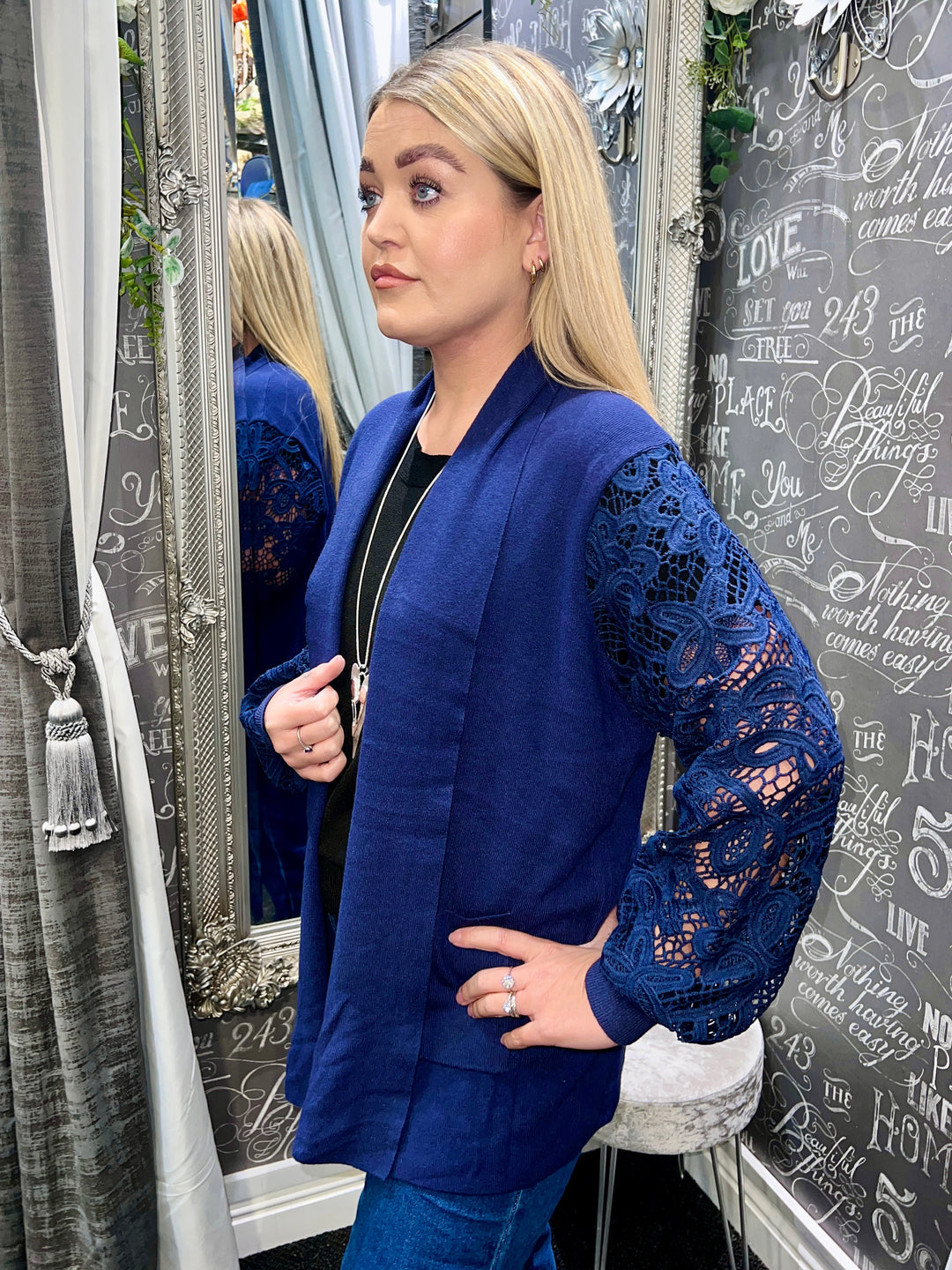 Rhianna Guipure Lace Sleeve Cardigan NAVY