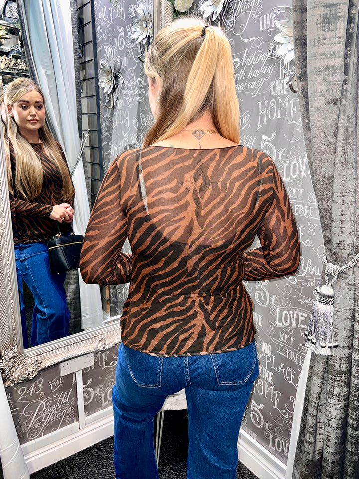 Zebra Print Mesh Top 5% Cashmere BROWN