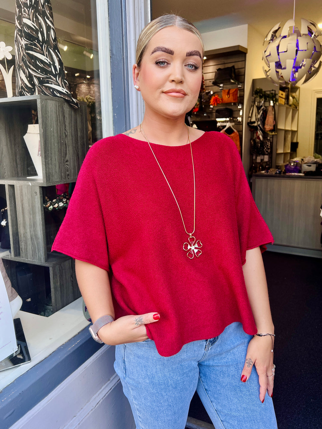 Sandi Italian Soft Knit Short Sleeve Jumper BURGUNDY