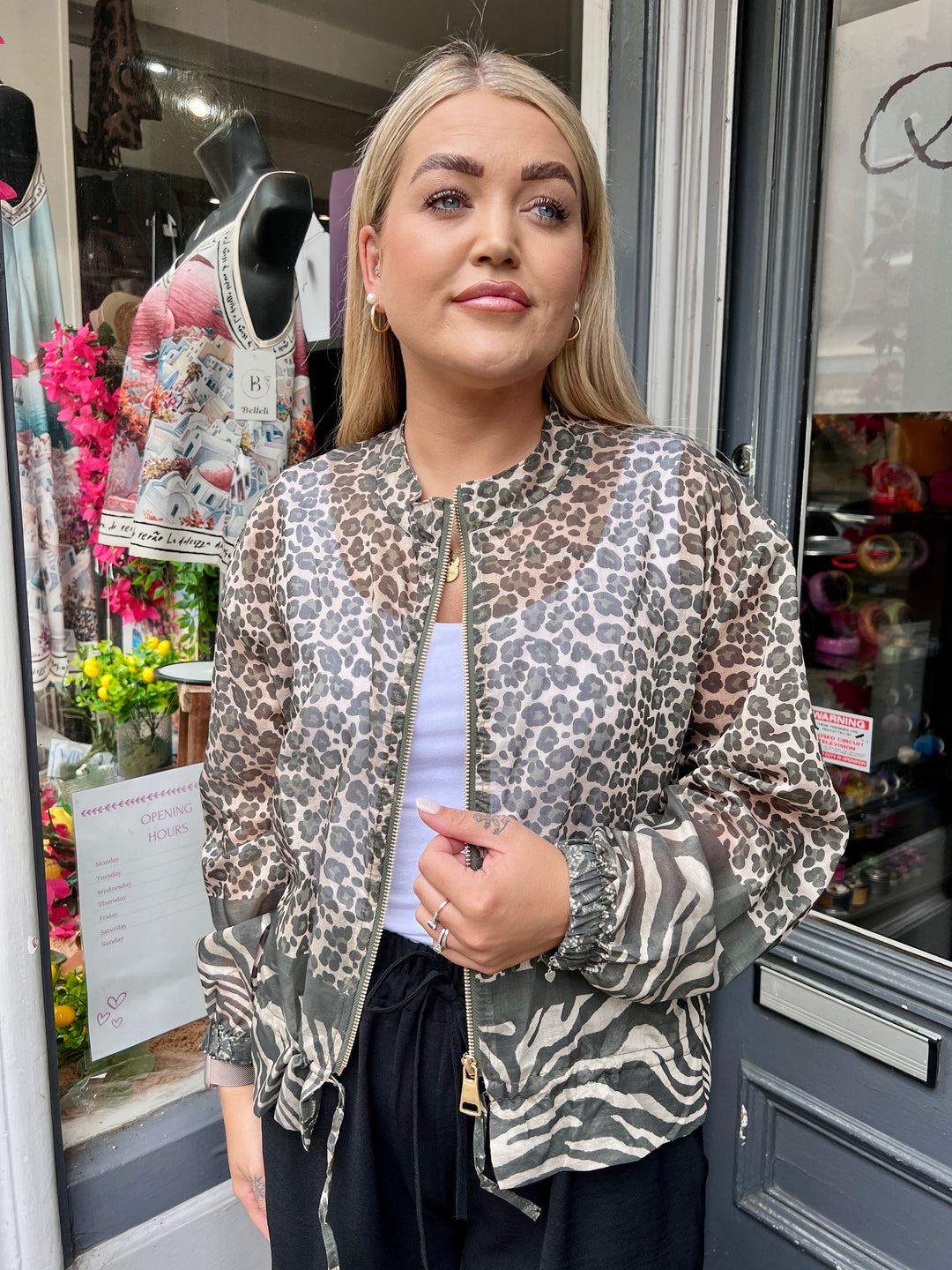 Leopard Print Sheer Bomber Jacket KHAKI