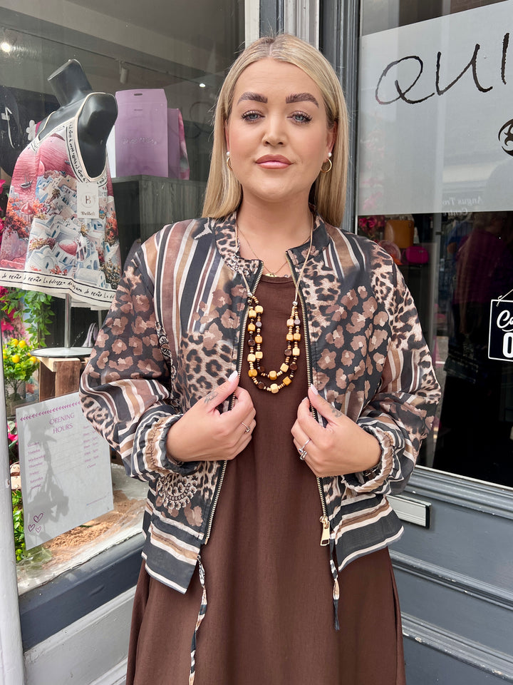 Mixed Animal Print Sheer Bomber Jacket BROWN