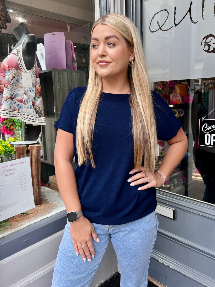 Jenna Fine Knit Short Sleeve Top NAVY