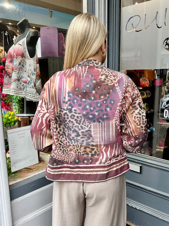 Mixed Animal Print Sheer Bomber Jacket WINE