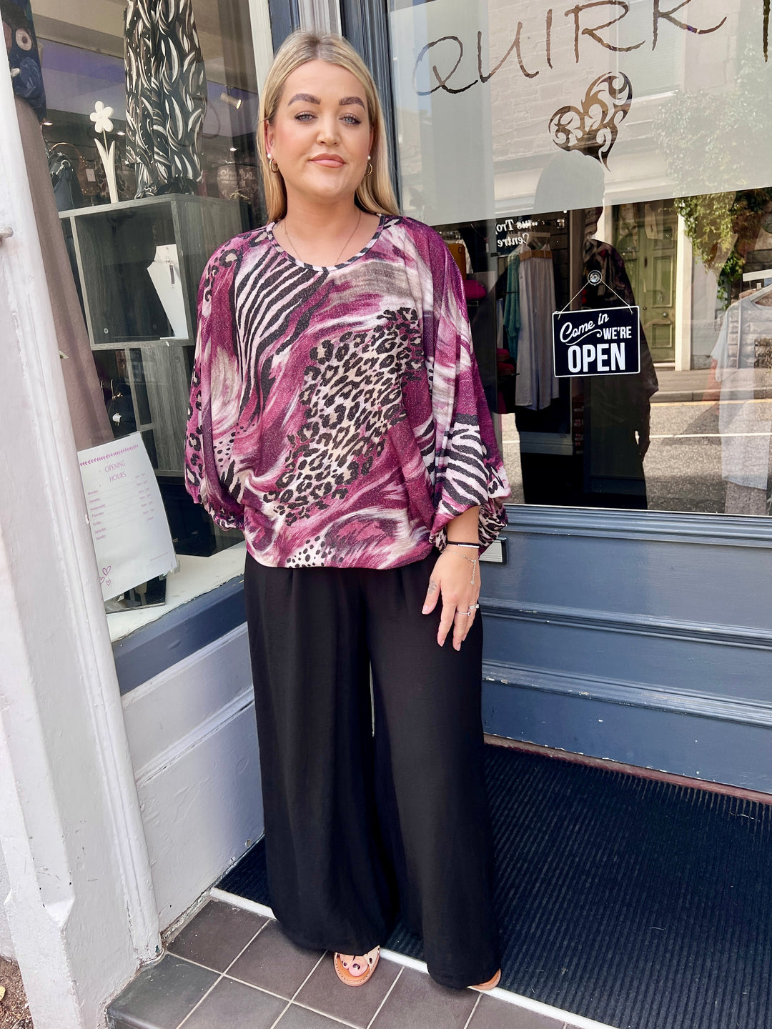 Lillian Mixed Animal Print Shimmer Top BURGUNDY
