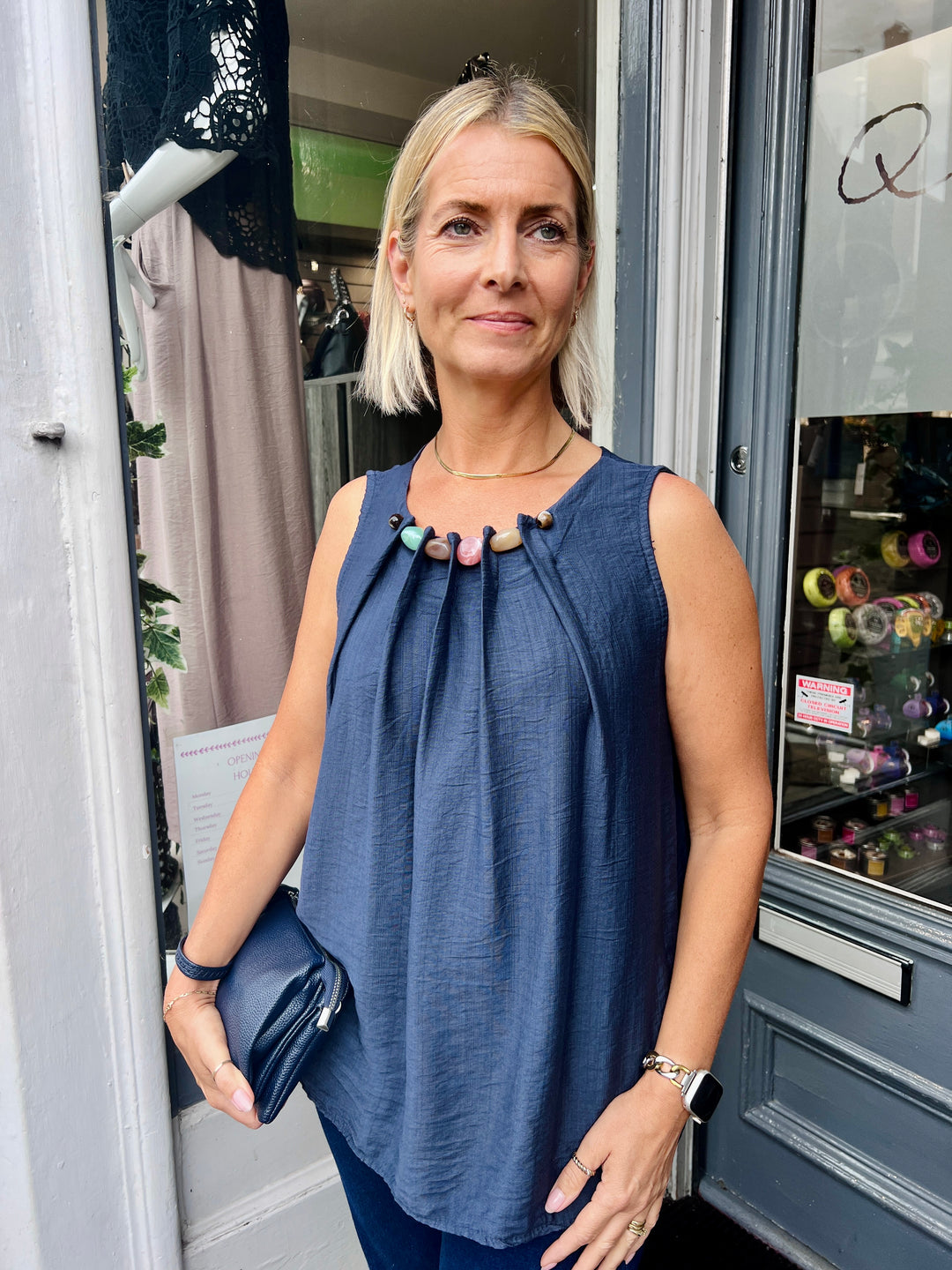 Lilly Beaded Neck Top NAVY
