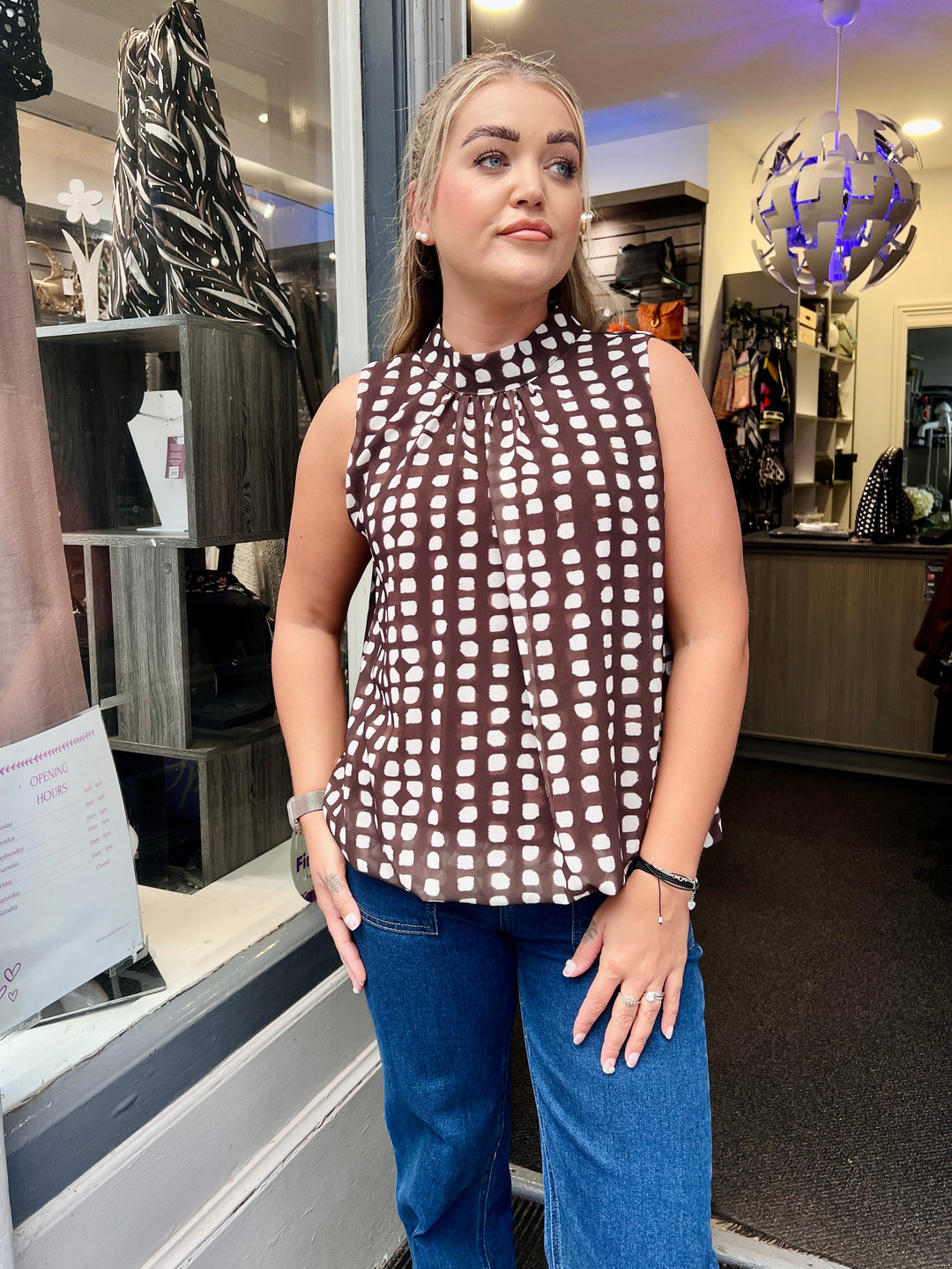 Dot Design Bubble Hem Sleeveless Blouse CHOCOLATE