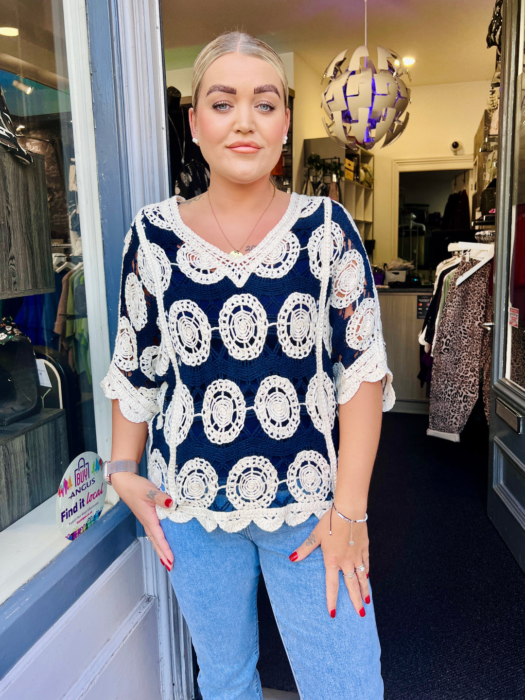 Alice V-Neck Crochet Top NAVY
