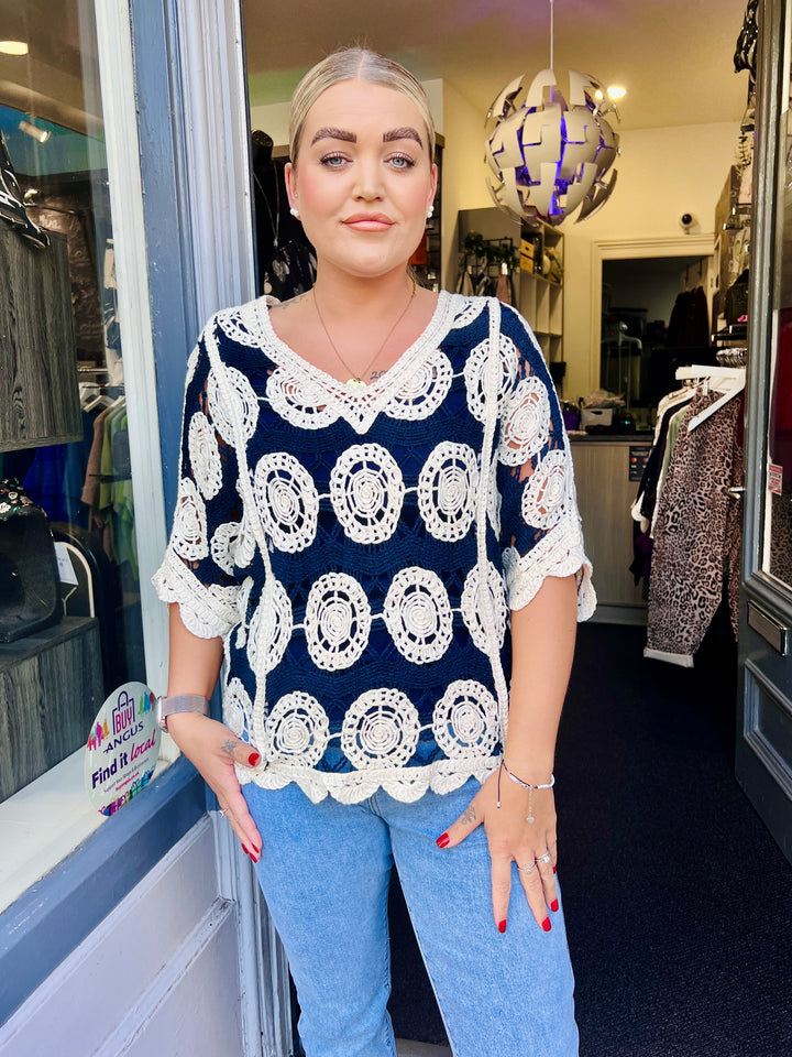Alice V-Neck Crochet Top NAVY