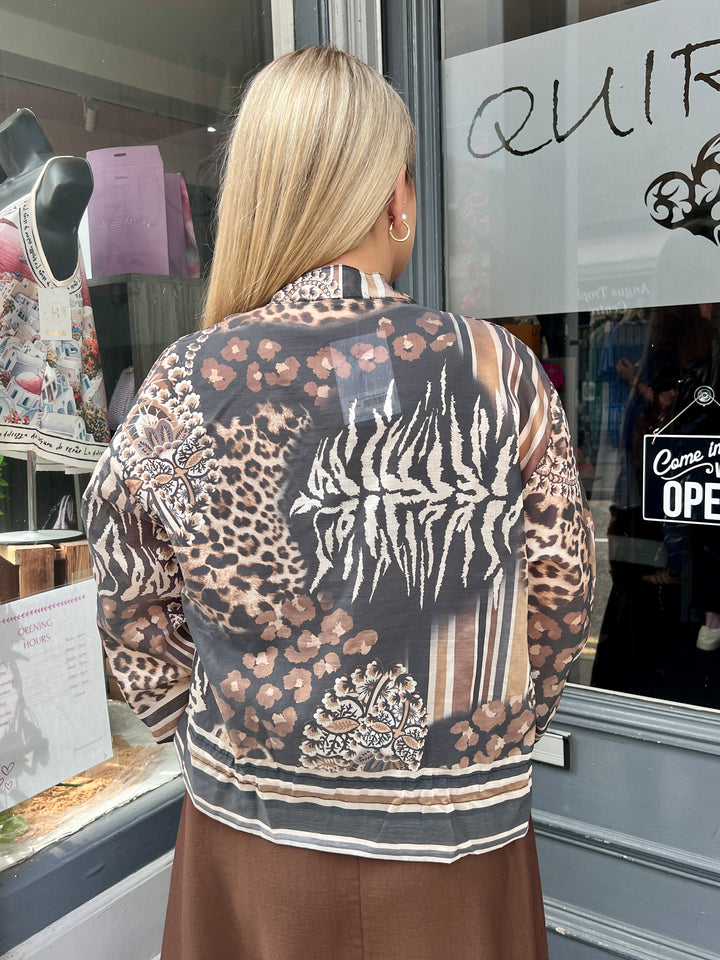 Mixed Animal Print Sheer Bomber Jacket BROWN