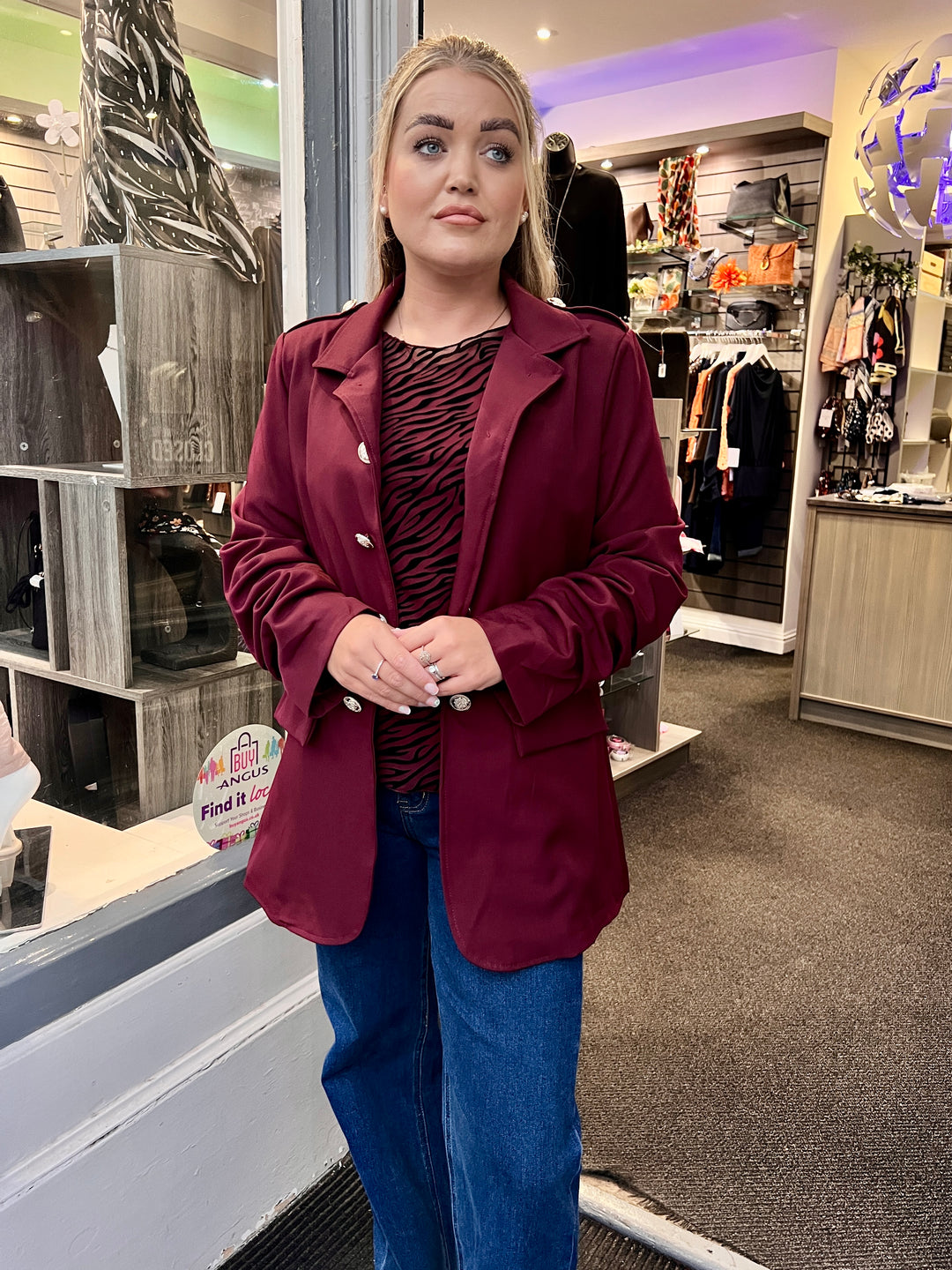 Marnie Gold Button Blazer WINE