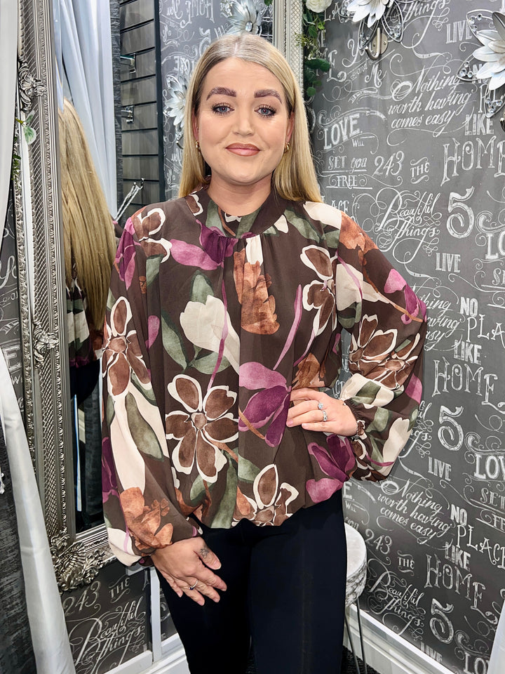 Amelia Floral Bubblehem Blouse CHOCOLATE