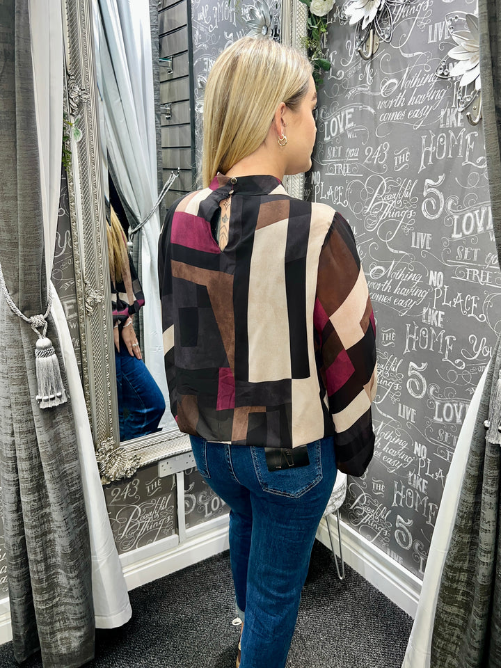 Kari Geometric Block Print Bubblehem Blouse