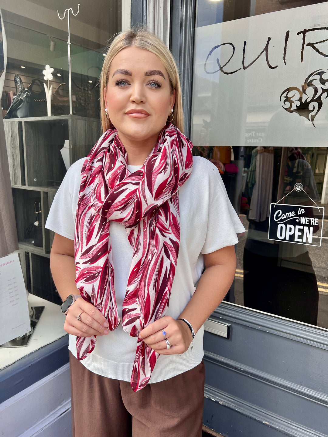 Bold Leaf Print  Scarf WINE