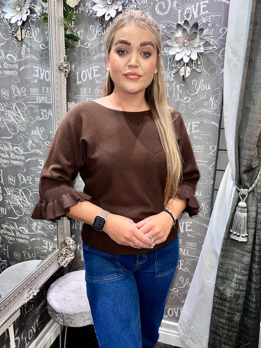 Paige Frill Sleeve Knit CHOCOLATE