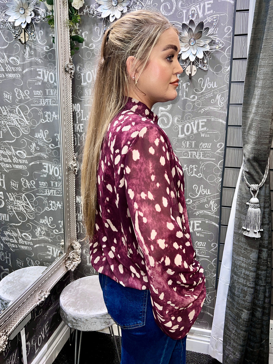 Jade Deer Print Bubblehem Blouse BURGUNDY