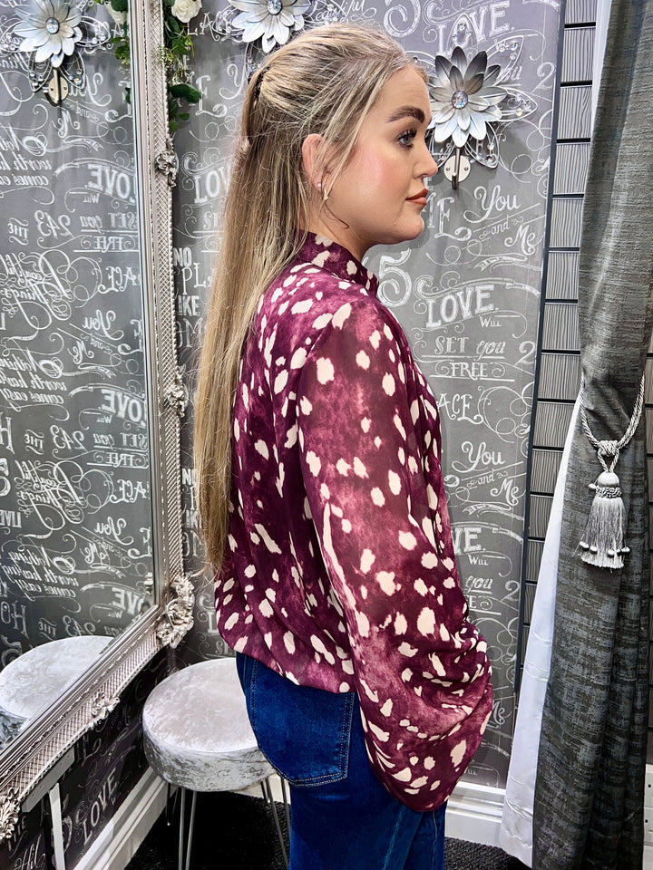 Jade Deer Print Bubblehem Blouse BURGUNDY