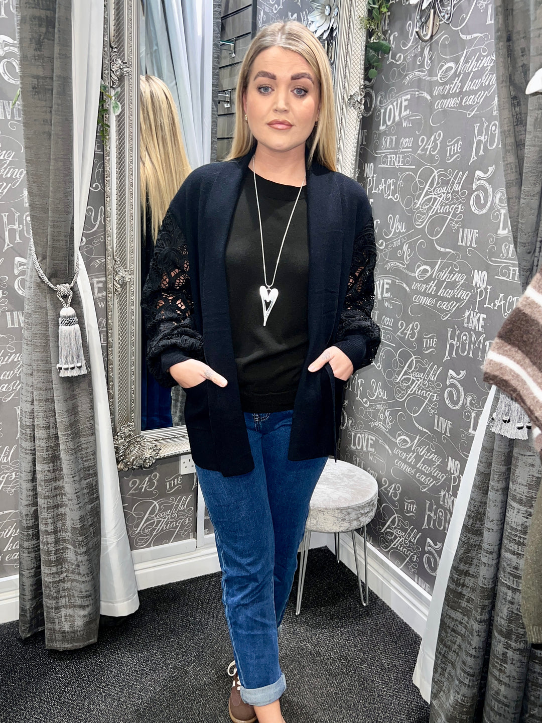 Rhianna Guipure Lace Sleeve Cardigan BLACK