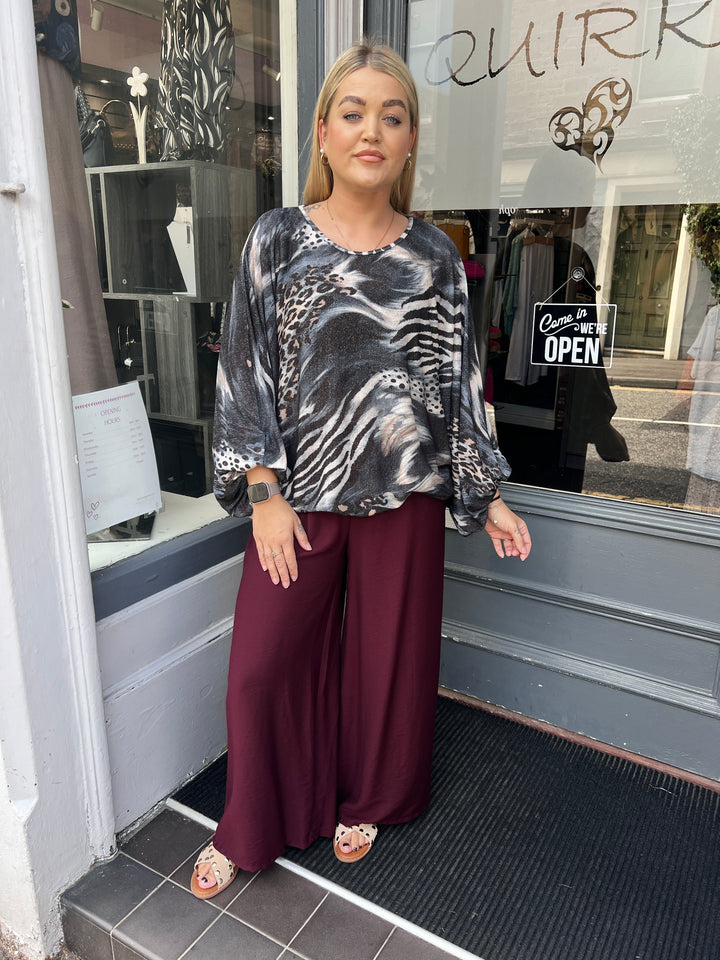 Lillian Mixed Animal Print Shimmer Top CHARCOAL
