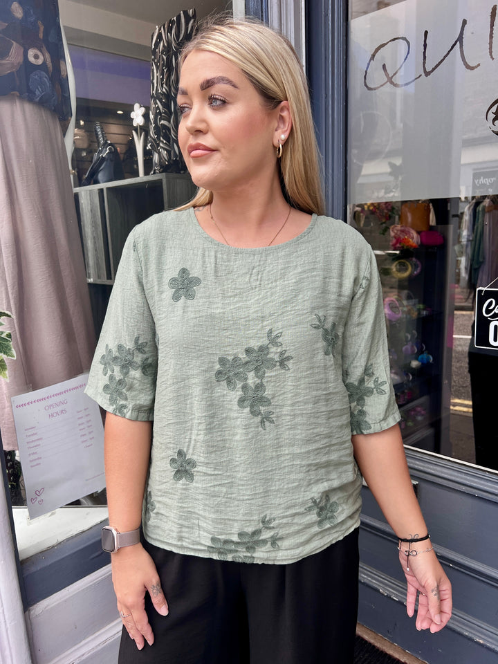 Tiffany Floral Embroidered Top LIGHT KHAKI