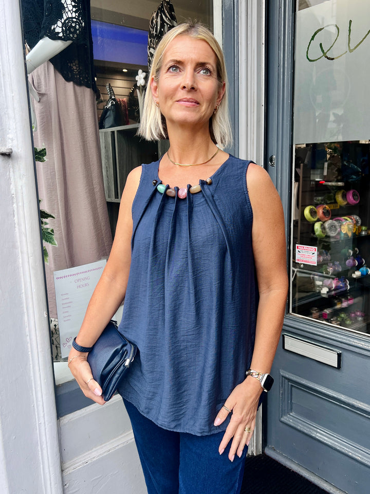 Lilly Beaded Neck Top NAVY