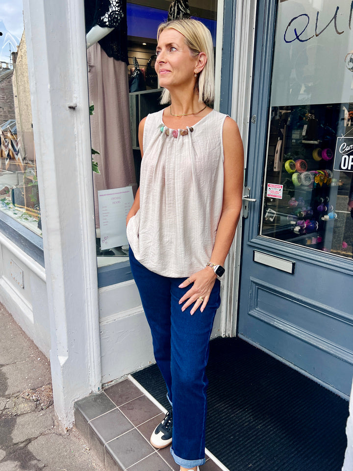 Lilly Beaded Neck Top BEIGE