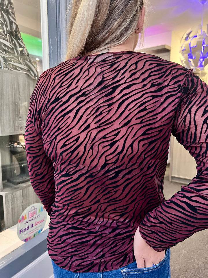 Josie Zebra Print Lined Mesh Top BURGUNDY
