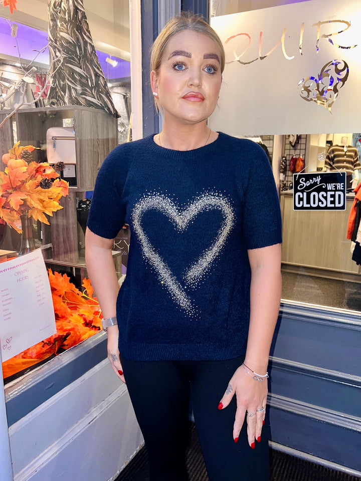 Thea Diamante Embossed Heart Knit NAVY