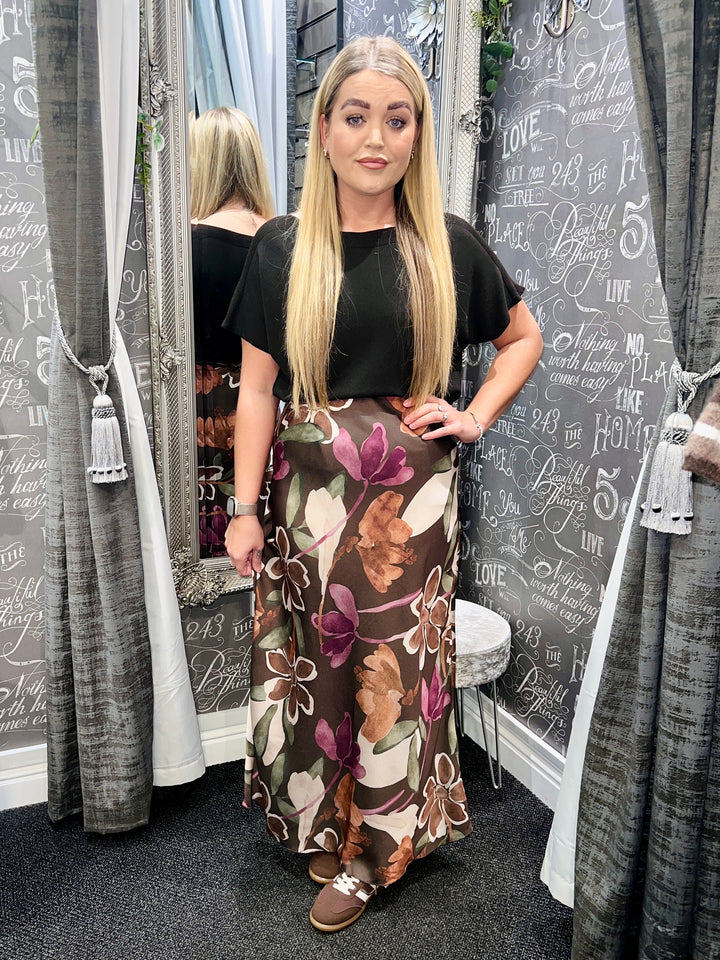 Amelia Floral Satin Skirt CHOCOLATE