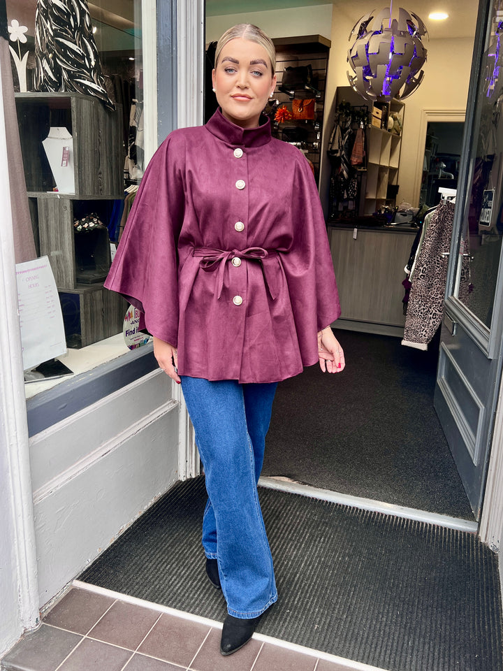 Savannah Suede Belted Cape BERRY