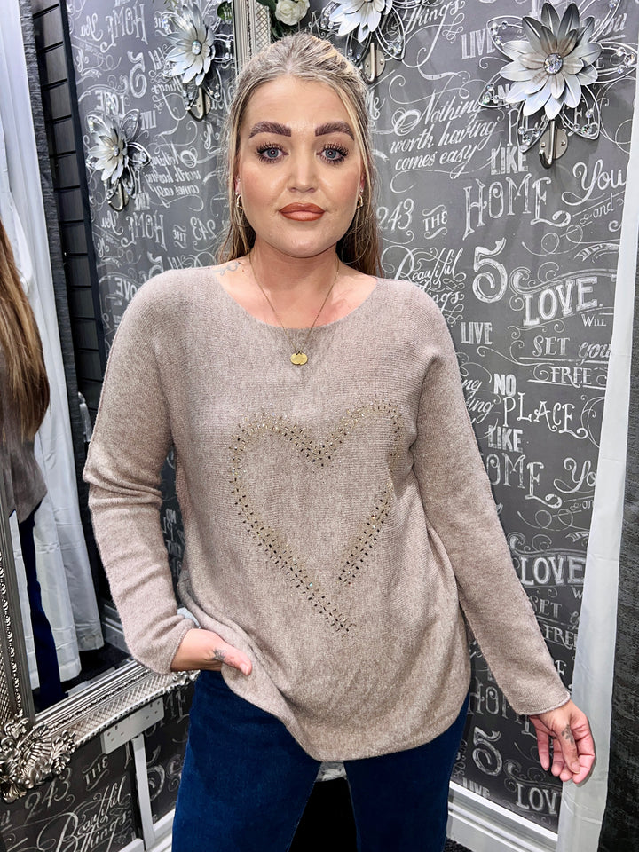 Lily Sparkle Heart Jumper TAUPE