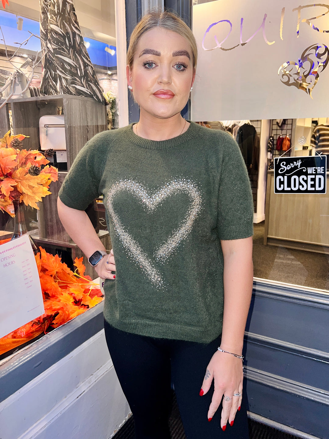 Thea Diamante Embossed Heart Knit KHAKI